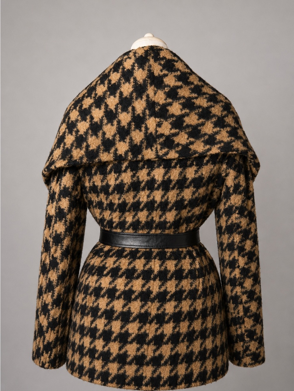 Max Mara Made Italy Houndstooth Belted Wrap Coat Leather Trim Size 8 - Picture 5 of 14